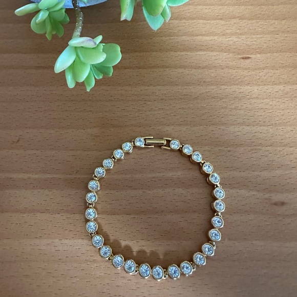 Elegant Gold-Tone Bezel Set Tennis Bracelet with Sparkling Crystals ✨ - Picture 1 of 6